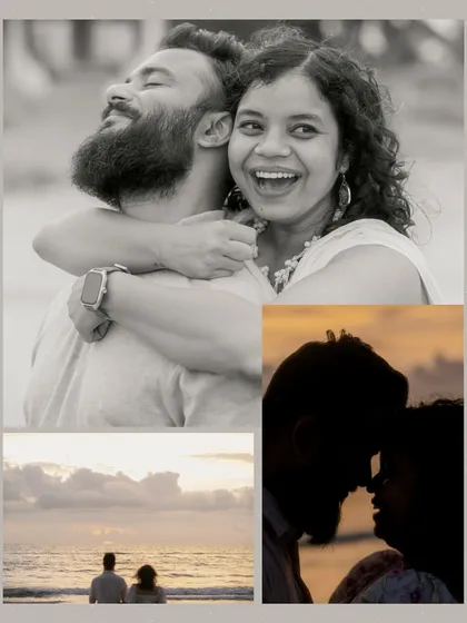 This collage is all about joy and intimacy. The big, happy laugh, the sunset silhouette, and the quiet gaze at the ocean show the range of emotions in jejich love story.