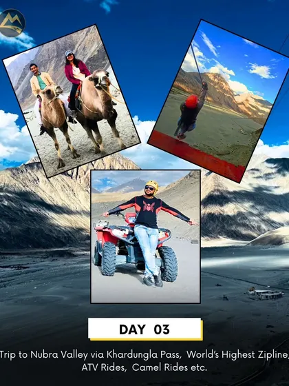 Day 3 of the Ladakh trip is packed with adventure. We cross Khardungla Pass, try the world's highest zipline, and enjoy ATV and camel rides in Nubra Valley.