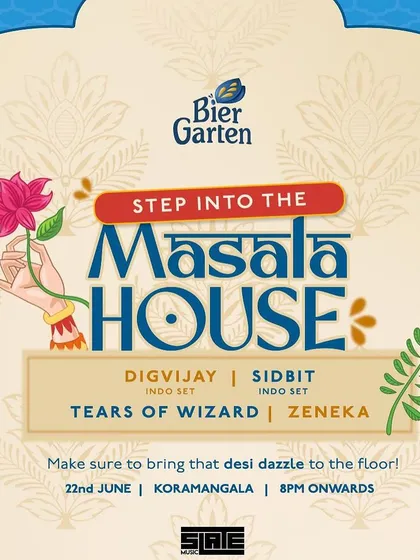 The official event poster for a 'Masala House' night. This gives you an idea of the branding and vibe we aim for, mixing traditional Indian aesthetics with modern design.