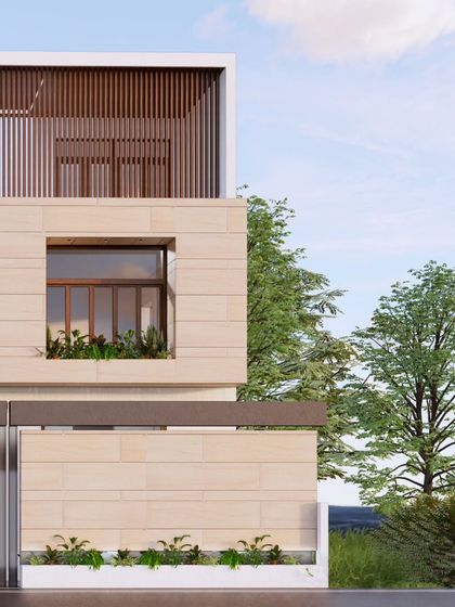 A variation of the facade, this image showcases the elegant combination of light-colored stone and warm wood. The vertical screens on the top floor provide a sense of privacy and texture, creating a refined and modern home.
