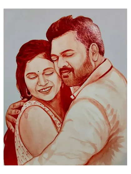 A tender moment between a couple, captured forever in a custom blood portrait. I focus on conveying emotion, making these pieces perfect for anniversaries and special gifts.