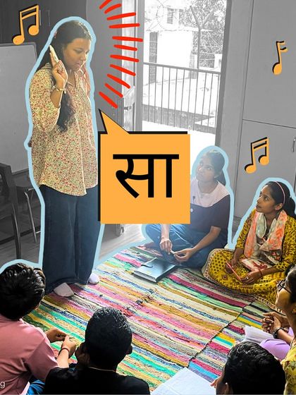 An instructor demonstrates the correct posture and mouth shape for singing a note. The graphic "Sa" highlights the focus on foundational vocal techniques.