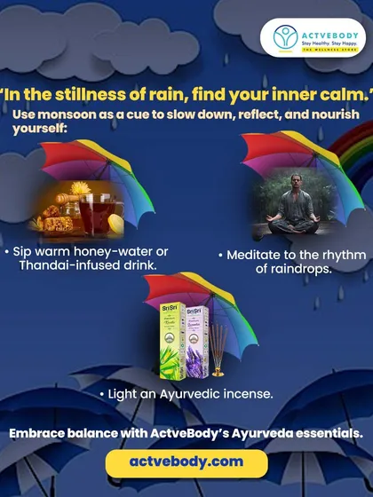 In the stillness of rain, find your inner calm. This image suggests a monsoon ritual of sipping a warm honey-water or Thandai-infused drink while meditating to the rhythm of raindrops.