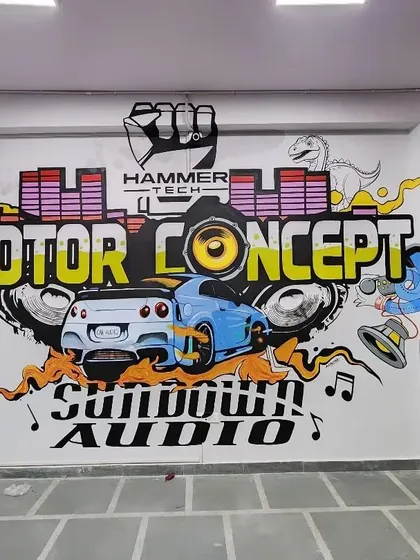 We brought high-octane energy to Motor Concept in Mayapuri, Delhi, with this custom car graffiti. This piece combines dynamic typography, brand logos, and automotive illustration to capture the excitement of car culture.
