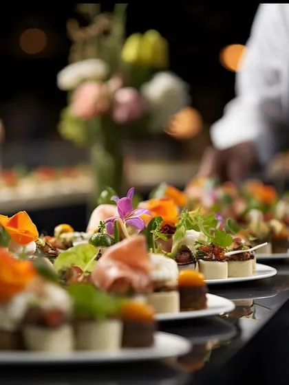 A long line of elegantly plated appetizers, ready for service.