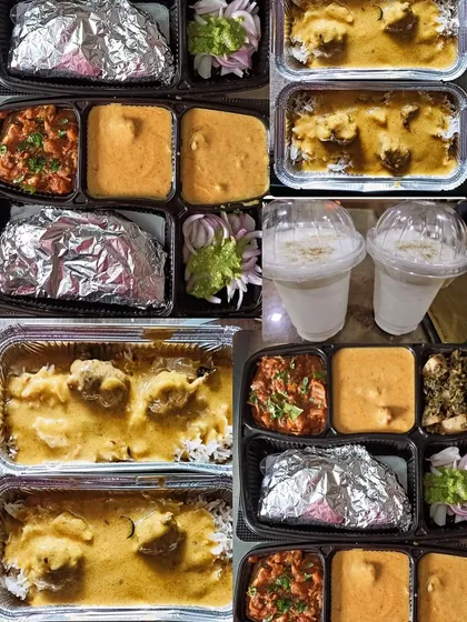 A collage of different meal combinations I offer, including Kadi Chawal, thalis with Aloo Methi, and Lassi.