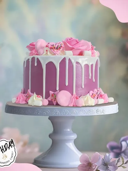 A lovely pink drip cake decorated with delicate roses and meringue kisses. This charming and elegant design is perfect for a sweet and stylish birthday party.