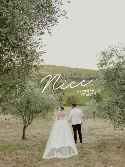 A graphic highlighting a pre-wedding shoot in Nice, France. It shows the couple from behind, walking through an olive grove, conveying a sense of serene, rustic European charm.