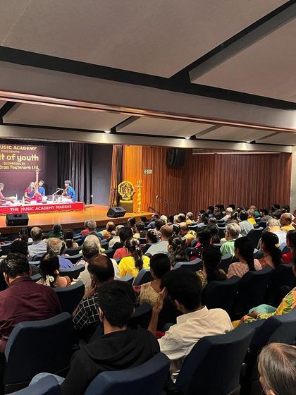 A view from the audience at The Music Academy, Madras, for the Spirit of Youth Festival. It's always humbling to see a full house of rasikas (connoisseurs) gathered to listen and encourage young artists like me.