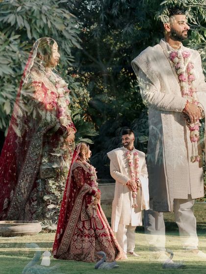 A creative double-exposure portrait of the couple in a garden setting. This artistic shot beautifully blends their images, symbolizing their union.