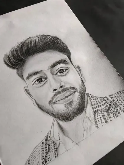 A commissioned portrait with a focus on the patterned jacket and facial hair, all rendered in detailed graphite.