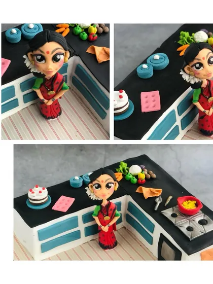 Close-up shots of the kitchen cake, focusing on the expressive, hand-sculpted figurine of the birthday woman in her saree.