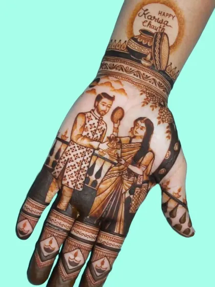 For Karwa Chauth, I love creating personalized portraits that tell your unique story. This design shows a couple celebrating the ritual, complete with the moon and sieve, making the occasion truly unforgettable.