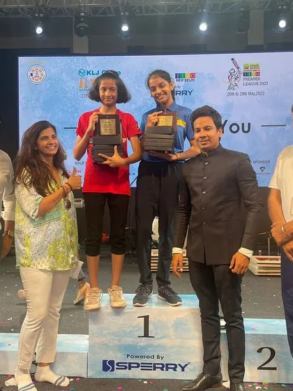 Our players Preksha and Divisha on the podium at the JITO National Games. Their performance included multiple gold medals in doubles and singles.