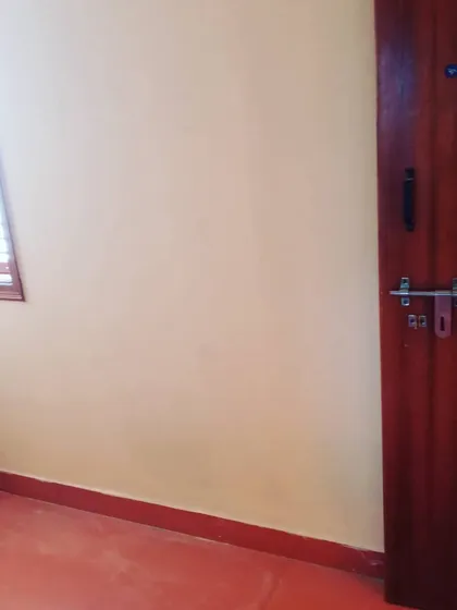 The contrast between the light-colored wall and the dark, polished wood of the door is clear here. Proper wood finishing is an important detail in any home.