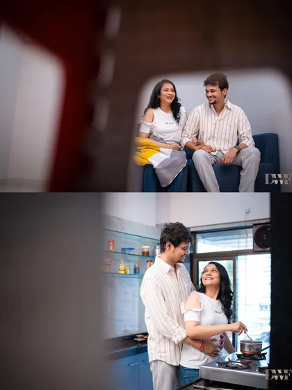 A creative perspective on a cozy pre-wedding shoot. These shots, taken through doorways and objects, add a sense of intimacy and storytelling to the couple's moments at home.