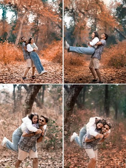 A collage of pure fun from Ishu and Arihant's shoot in the woods. From piggyback rides to goofy poses, these photos are a testament to their playful connection and my belief in capturing authentic, happy moments.