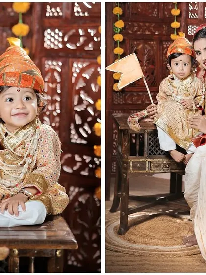 A tribute to our heritage with a Baal Shivaji and Jijamata themed photoshoot. I provide the royal attire and props to create a powerful portrait of your little warrior, capturing the spirit of Maratha pride and a mother's love.