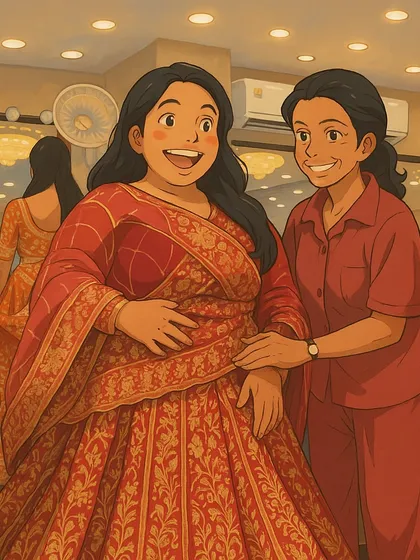 Here's another Ghibli-style take on a client fitting. Capturing the happiness of a bride seeing herself in a beautiful red lehenga for the first time.