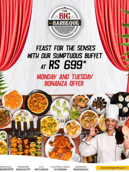 A feast for the senses. Our Monday and Tuesday Bonanza Offer lets you enjoy our sumptuous buffet for just ₹699.
