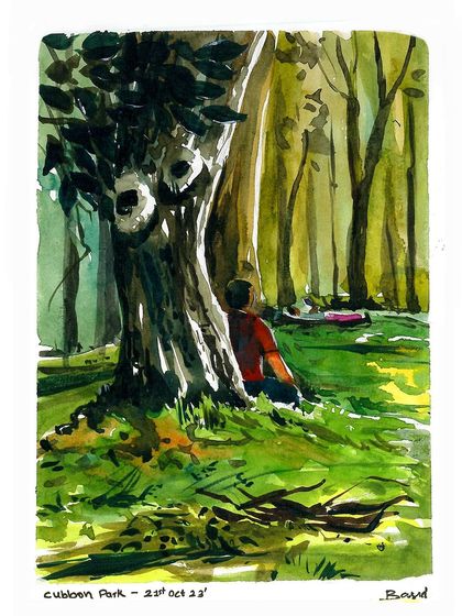 A finished watercolor painting from Cubbon Park. I loved the deep shadows under the tree and the person resting in the shade.