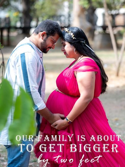 An intimate close-up of a couple, with the dad-to-be gently holding the baby bump. The overlay text adds a sweet message to this loving moment.
