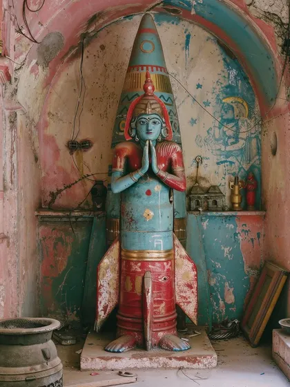 An abandoned shrine in 'Rocketganj' featuring a deity fused with a rocket. This image explores themes of faith, decay, and the creation of new gods in a technology-obsessed world.