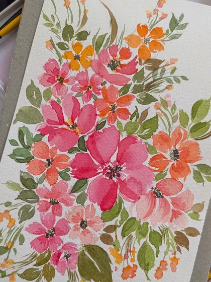 This is one of my favorite loose floral watercolor bouquets. I love getting lost in the flow of colors, creating vibrant arrangements like this one with layers of pink, orange, and green. If you're looking for a custom botanical painting to brighten your space, this is the kind of heartfelt art I create.