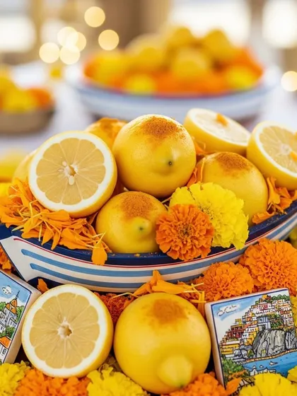 A charming detail from the Positano Haldi, featuring a miniature boat filled with fresh lemons and marigold flowers. Tiny tiles painted with scenes of Positano add an authentic Italian touch.