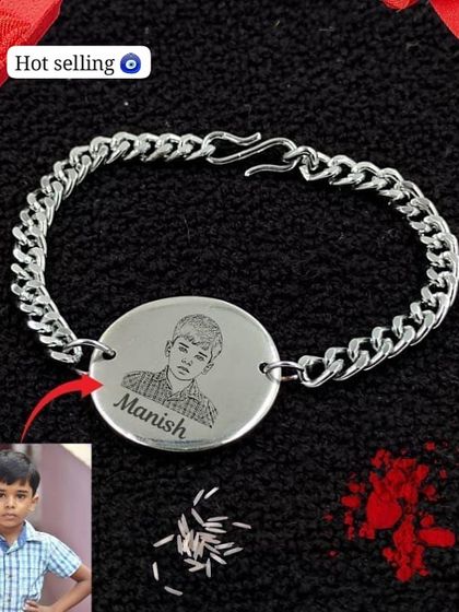Turn your favorite photo into a wearable piece of art with our photo sketch rakhi. Made from durable stainless steel with a premium finish, this bracelet features a detailed sketch of your picture and name.