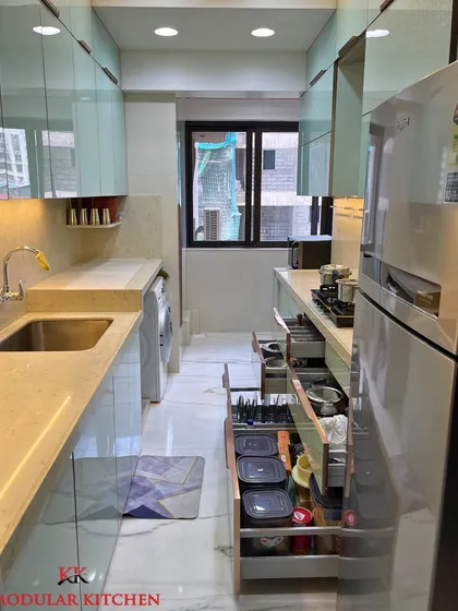 A look at the organized drawers in our Ghatkopar project, featuring Blum hardware for smooth and reliable operation.