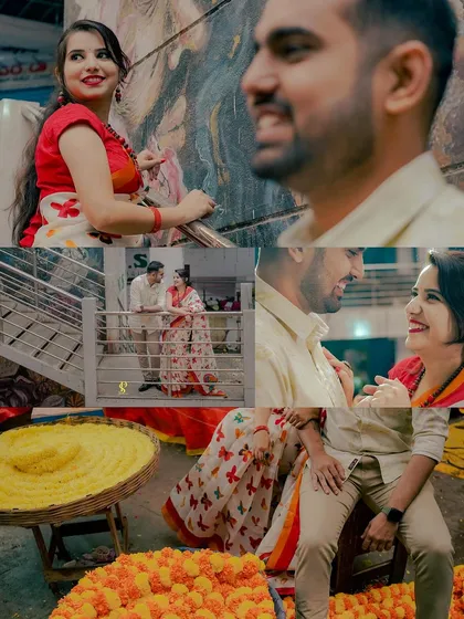A collection of candid moments from the KR Market shoot. It shows the couple sharing smiles and conversations on a staircase, surrounded by the colors and textures of the market.