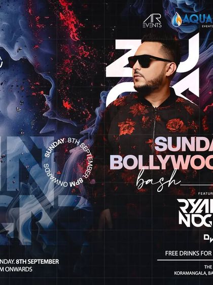A flyer for a Sunday Bollywood Bash with renowned artist Ryan Nogar.