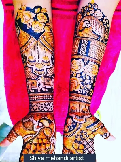 A vibrant design that uses negative space and bold coloring to highlight floral and peacock motifs, creating a very modern and artistic feel.