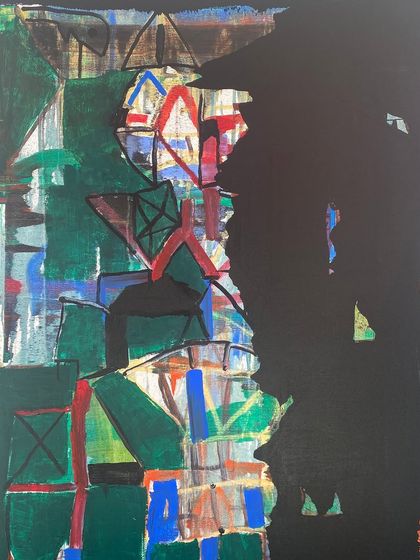 This piece by Prabhakar Kolte contemplates the complexity of structure and the contrast between the seen and unseen. The heavy use of black on one side contrasts starkly with the colorful, geometric forms, possibly symbolizing the duality of light versus dark or chaos versus order.