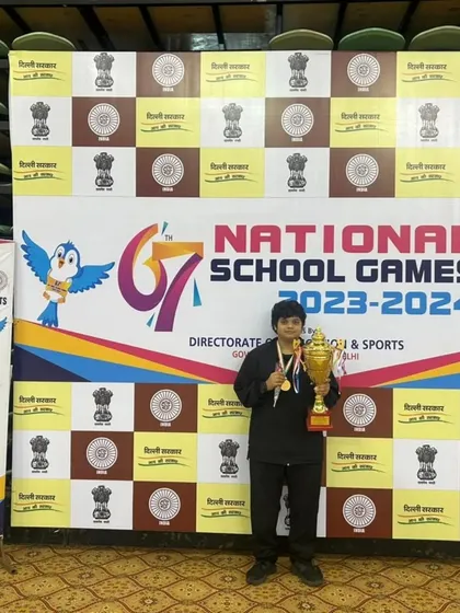 Dhruv Shah on the podium after winning the SGFI National School Games 2023-24 U-17 Boys Championship. A proud moment for him and the entire Spinart team.