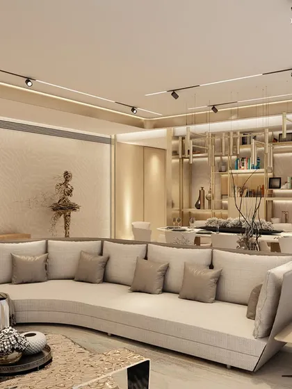 A layered enclave at Hyde Park in Pune, this living and dining space is rooted in warmth and intention. Hushed palettes meet rich wood paneling and tactile finishes, creating a space that feels grounded yet ethereal, perfect for both cozy evenings and elegant soirées.