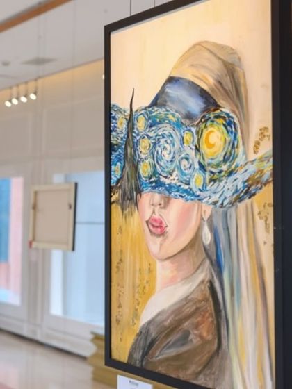 A surrealist painting from 'A Symphony of Colour', reinterpreting Vermeer's 'Girl with a Pearl Earring' with Van Gogh's 'Starry Night' as a hat.