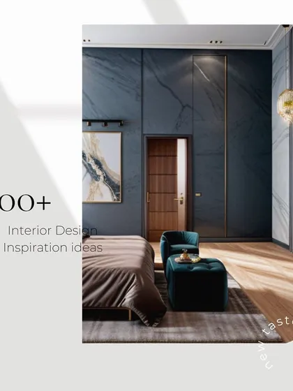 A bedroom design featuring a deep blue marble-effect accent wall with delicate gold inlay. The rich color palette is balanced by the warm wood flooring and a plush brown bed, creating a sophisticated and moody ambiance.