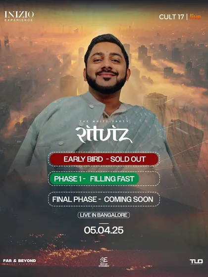 The promotional poster for Ritviz's 'The White Party' performance. Our marketing strategy includes creating hype with phased ticket releases, from sold-out early bird tickets to final phase announcements.