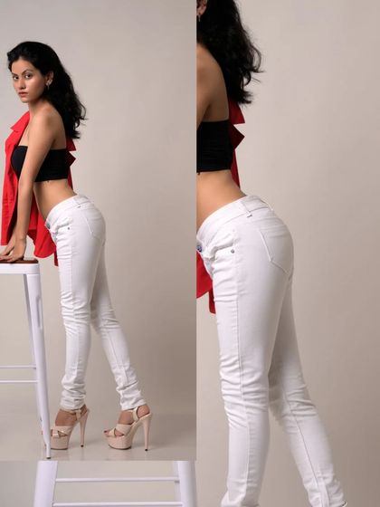 A high-energy studio shot with a split view, showing a model in white jeans and a red jacket. This creative composition is great for social media and editorial content.