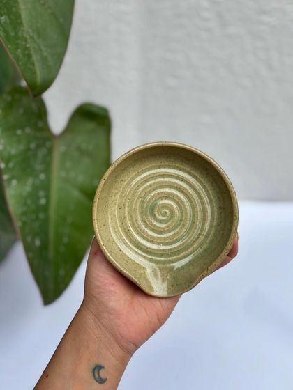 Another Green Celadon spoon rest, this one with a more pronounced white drip. Each one is unique.