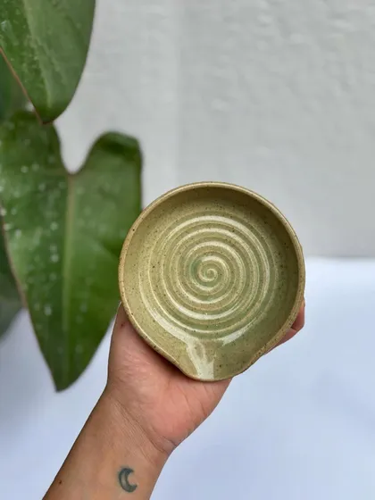 Another Green Celadon spoon rest, this one with a more pronounced white drip. Each one is unique.