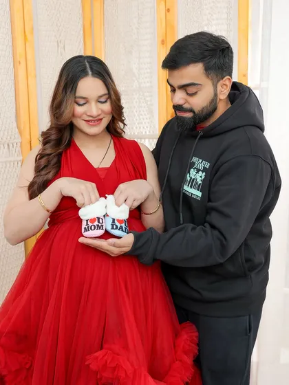 A collection of images showcasing the versatility of the red gown, featured in both solo and couple's shots with various props and poses.