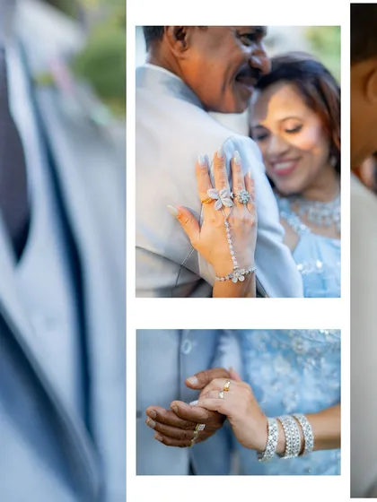 An intimate collage from an anniversary shoot, focusing on the couple's hands and their warm, loving embraces.