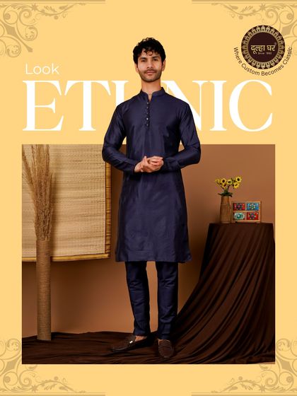 Look ethnic, feel classic. This deep navy blue silk kurta is a statement in itself. The rich color and simple, elegant design make it a versatile piece for any formal occasion.