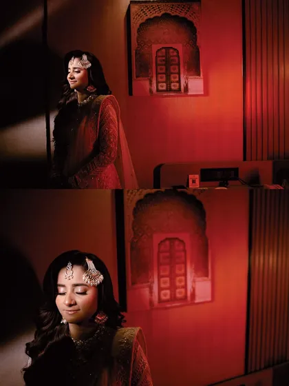 A collage of artistic bridal portraits using dramatic red lighting and shadows. The bride's serene, closed-eye poses create a sense of peace and beauty.