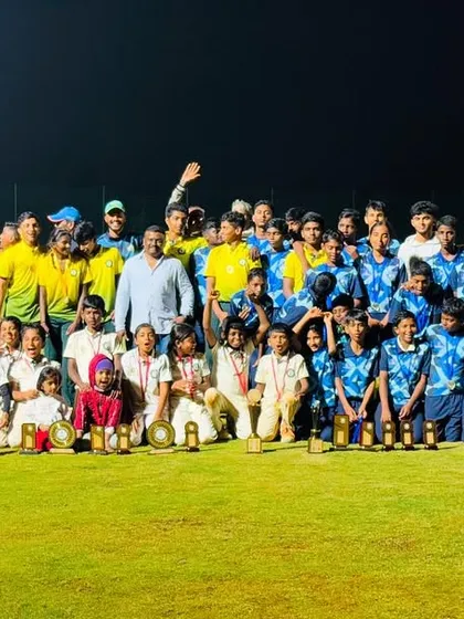 A memorable group photo of all participants from the RSCA vs SST Academy tournament, celebrating the spirit of cricket.