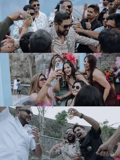 A collage of candid moments from a party, showing guests taking selfies, sharing drinks, and enjoying the celebration.