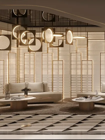 This waiting area is a symphony of light, texture, and refined details. The illuminated wall panels create a sense of rhythm and depth, while the geometric chandelier adds a modern artistic touch. The space is designed to feel both grand and intimately welcoming.